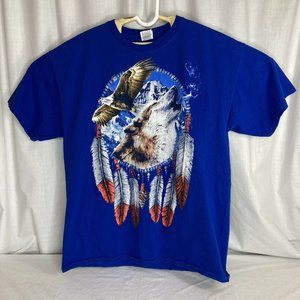 Vintage Eagle Wolf Fang T Shirt Blue Feathers Arrowhead Dream Catcher Mountain